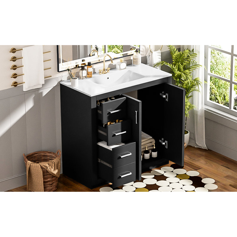 Meuble-lavabo de 36 po avec lavabo en céramique, structure en bois massif, charnières, rangement spacieux pour tous les besoins, style rétro, poignée en métal exquise, glissière de tiroir lisse, articles essentiels de 36 po, facile
