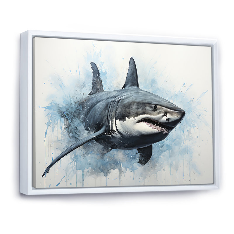 " Minimalism Blue Shark Painting I ", White Floater Framed, 16" H x 32" W x 1" D