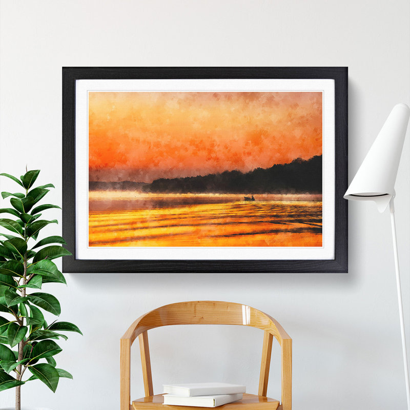 Boat Under An Orange Sunset Painting - Single Picture Frame Print on MDF, Black, 45cm H x 33cm W x 2cm D