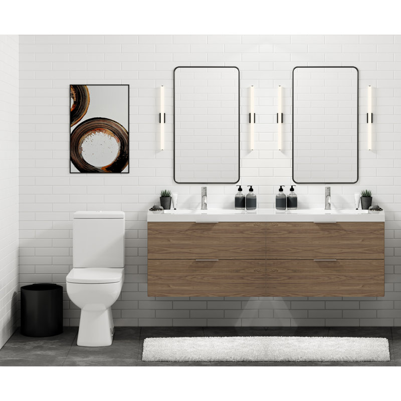 Avila 60" W Wall Mounted Double Bathroom Vanity, Matte White/Single, Nocino, Polished Nickel