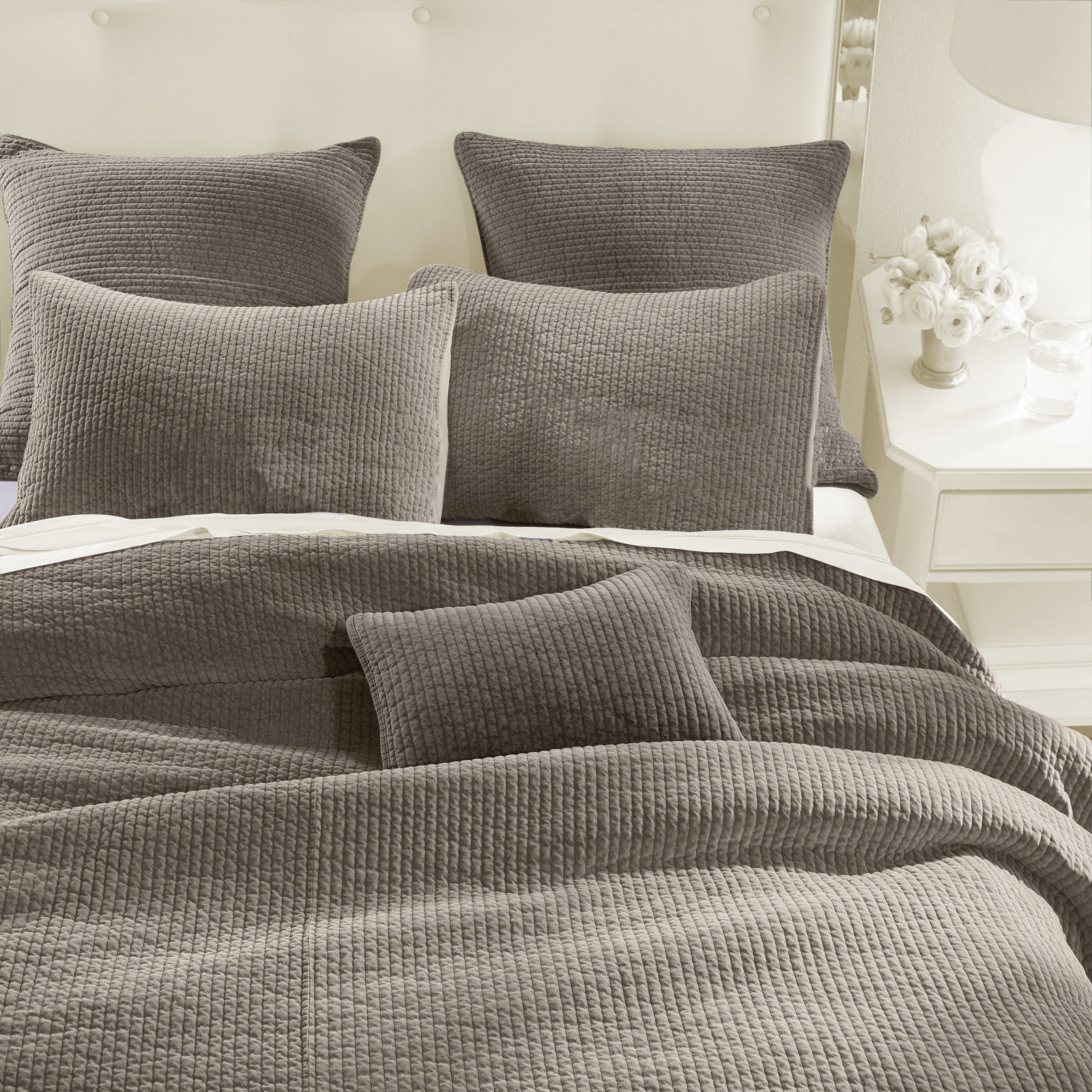 Stone Washed Cotton Velvet Quilt Set, Taupe, Twin Quilt + 1 Standard Sham