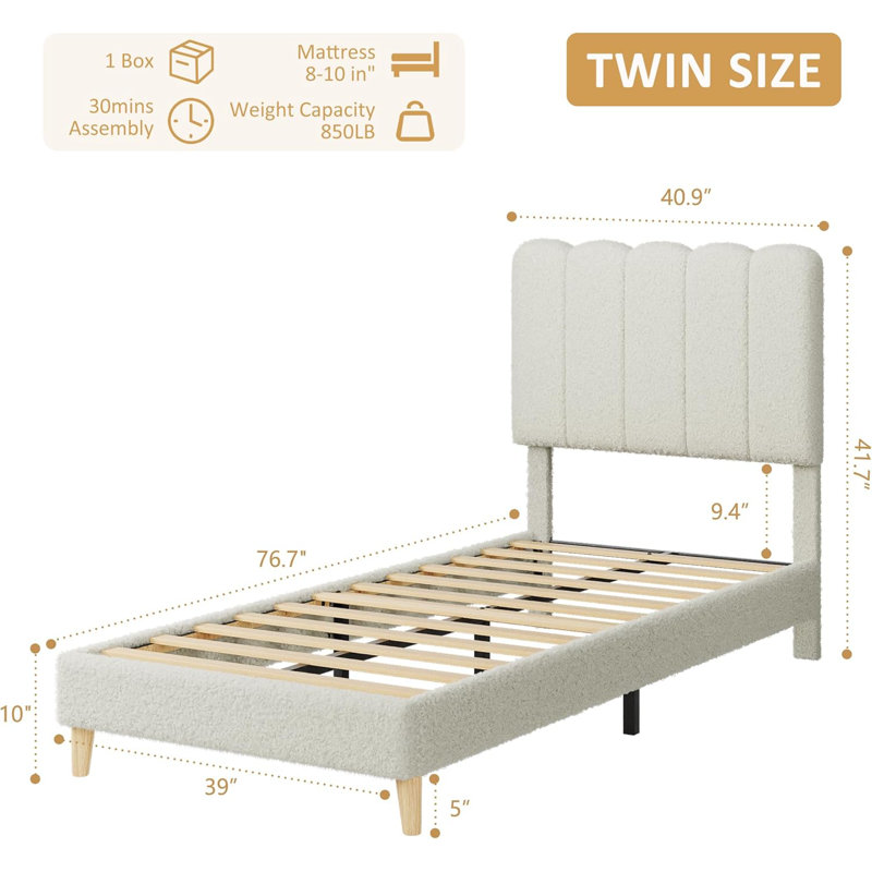 Twin Size Upholstered Platform Bed with Wave Headboard, Velvet Frame for Kids, Wooden Slats Support, No Box Spring Required