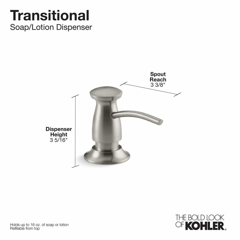 Transitional Design Refillable Soap Dispenser, Lotion Dispenser for Bathroom or Kitchen, Polished Chrome