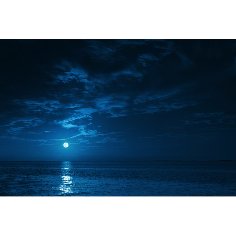 Beautiful Midnight Ocean View With Moonrise by Ricardoreitmeyer - No Frame Print on Canvas, 81cm H x 122cm W