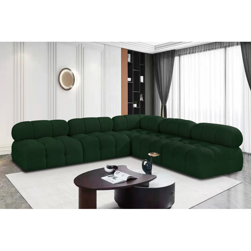 Ames Upholstered Sofa, Green Boucle Fabric, 4 Armless, 1 Corner