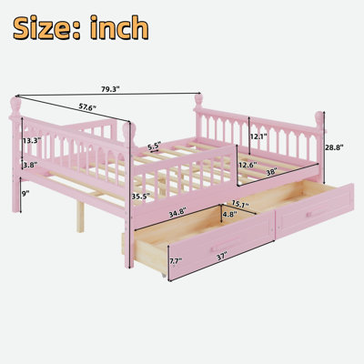 Lit en bois pour enfants avec 2 tiroirs de rangement sous le bas, garde-corps de sécurité et conception arquée décorative