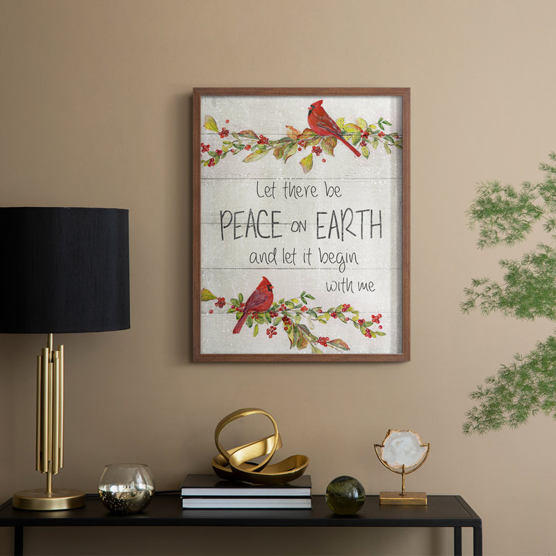 Peace on Earth Cardinals, reproduction encadrée - bois massif, Noyer, H 15 po x l 12 po