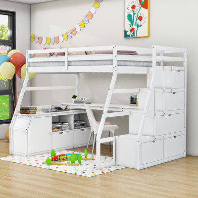Lit mezzanine double en bois Humira avec bureau intégré, tiroirs de rangement et tablettes