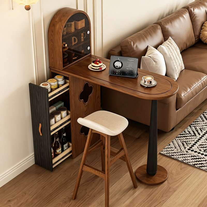 Table de bar américaine de style Mid-Century avec armoire de rangement, fini noyer, découpe en forme de pétale et pied central, 120 cm