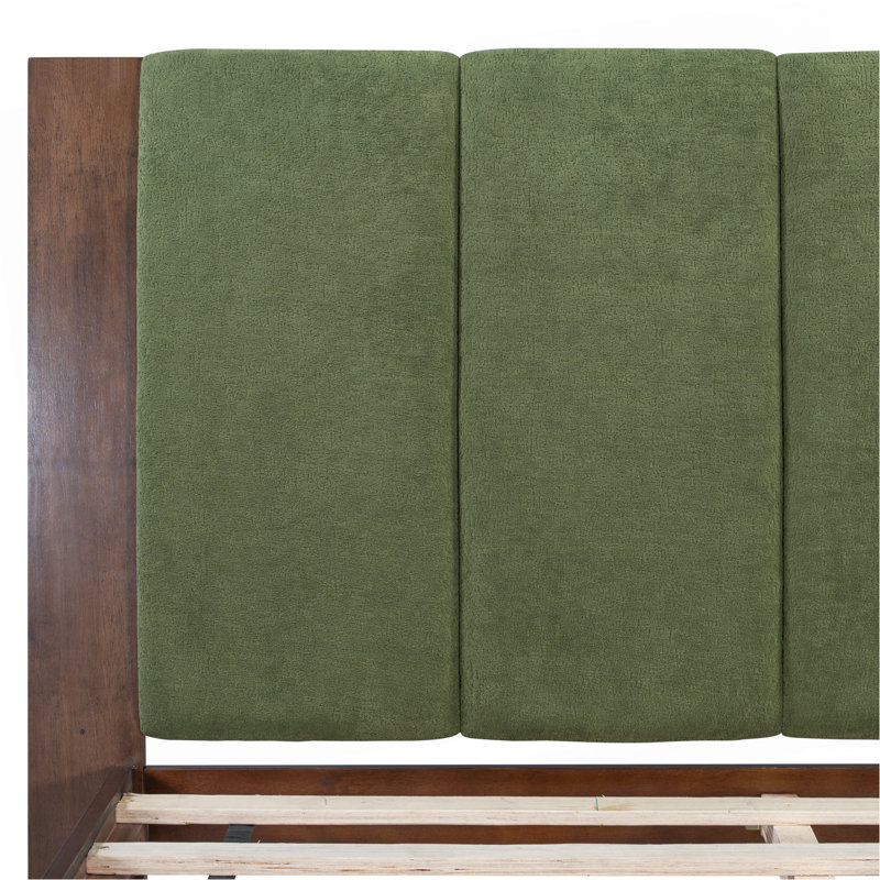 Cadre de lit grand en bois de pin de qualité supérieure, cadre de lit grand avec tête de lit inclus, lit Mid Century Modern, couleur noyer et vert