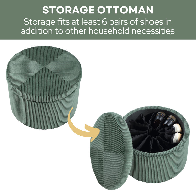 Cory 22" W Round Corduroy Shoe Storage Ottoman with Reversible Tray Lid, Dark Sage Green