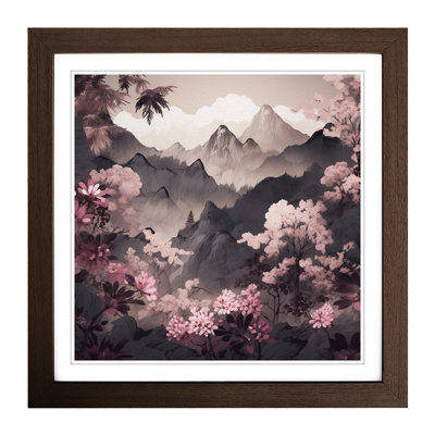 Japanese Mountains Floral - Single Picture Frame Print on Wood