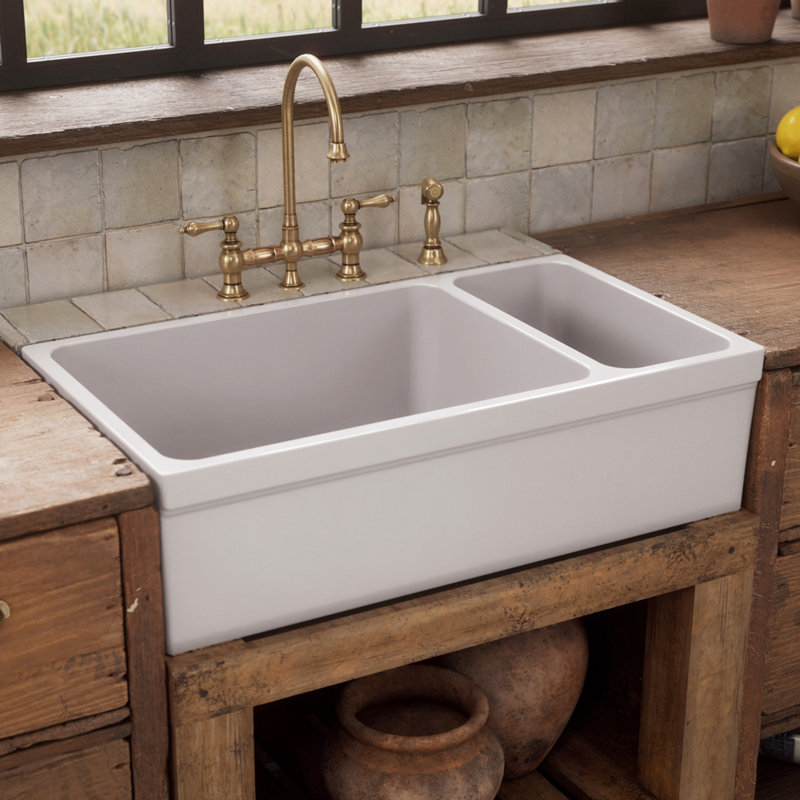 Whitehaus 36" Reversible Large and Small Bowl Fireclay Kitchen Sink: 2-1/2” Lip Front Apron, White