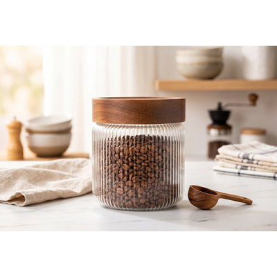 Pot en verre borosilicaté nervuré avec couvercle en bois hermétique, contenant de 525 ml (17,7 oz) de nourriture Wiltraut pour l'organisation de café, de sucre, de thé et de garde-manger
