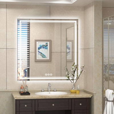 Bright Dual-Sided LED Bathroom Mirror with Anti-Fog, Stepless Dimming, and Three-Color Temperature Functionality. Tempered Glass Construction. Makeup Mirror. ETL/UL Certified.
