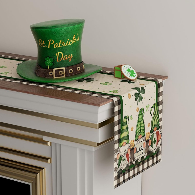 Plaid Gnomes, Shamrocks, And Clovers Table Runner, St. Patrick’S Day Party And Kitchen Decor