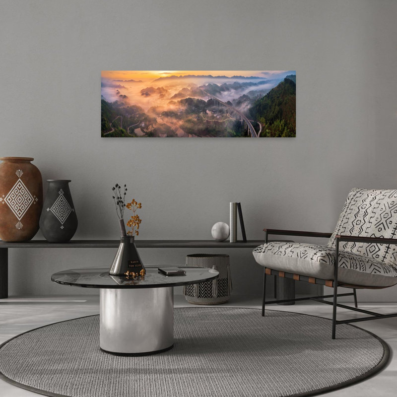 «Golden Valley Highway Sunrise Dramatic Peaceful Serene Forest Landscape», art mural, H 12 po x l 36 po