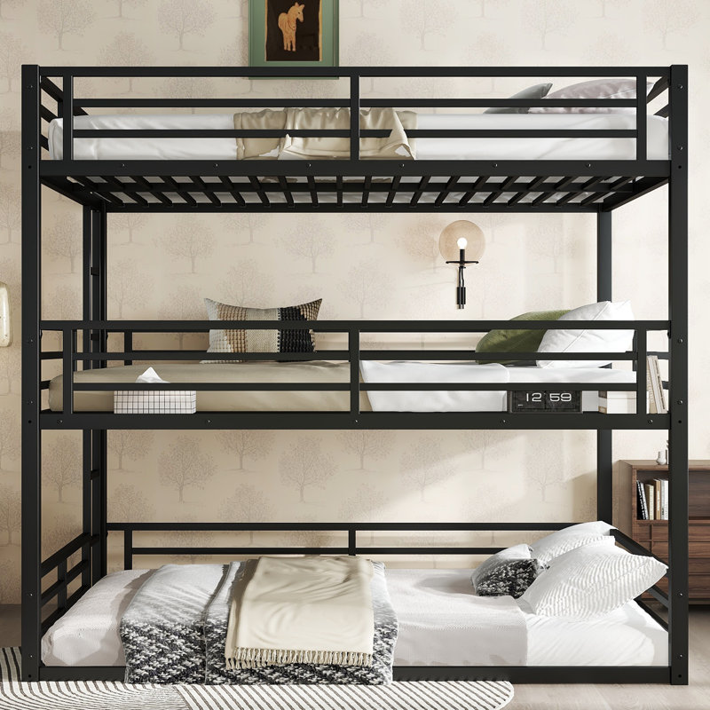 Bunk Bed, Heavy-Duty Metal Triple Bunk Bed with Guardrails and Noise-Reducing Design, Space-Saving, Black