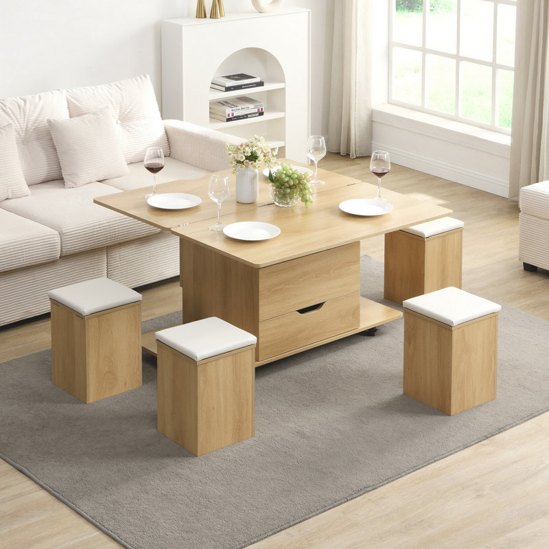 Table basse à plateau relevable 39,4 po avec 4 tabourets, rangement caché et roulettes
