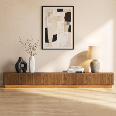 98.4" Extra-Wide Low-Profile Fluted TV Stand with Built-In Power Outlets, Smart APP RGB LED Lighting, and Push-to-Open Storage