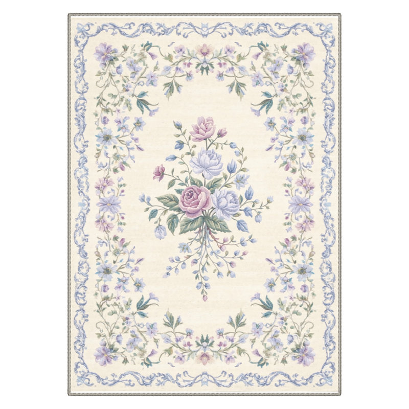 Atascadero Romantic Floral Bordered Rug, Machine Washable, Inspired Faux Wool, Non-Slip Backing, Rectangle 5' x 7'