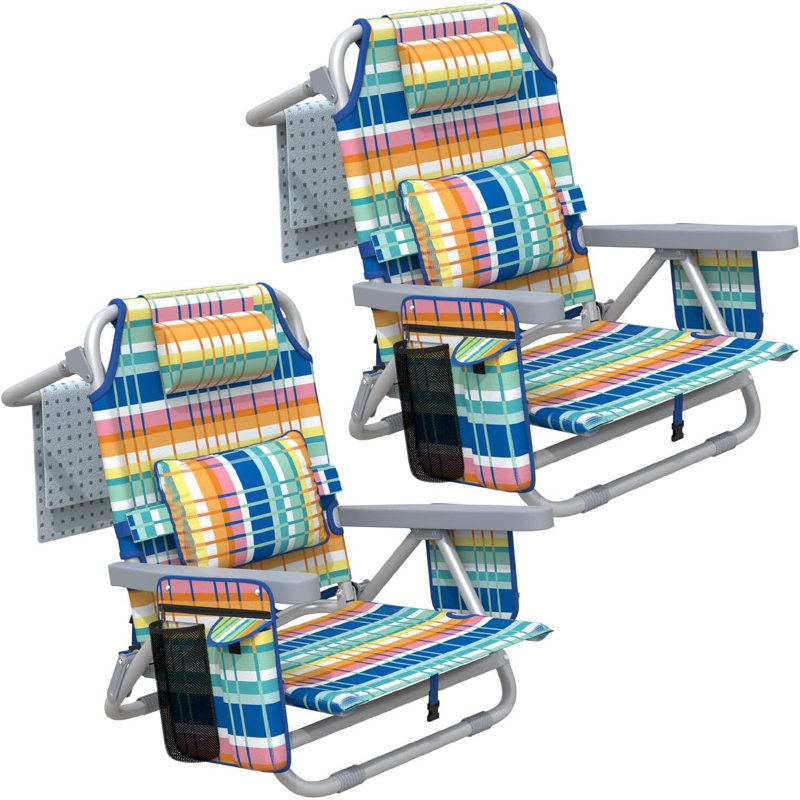 Chaise de plage à dossier inclinable, chaises de plage pliantes portatives avec 5 positions réglables, glacière intégrée et sangles de sac à dos