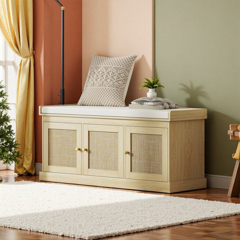 Banc de rangement pour chaussures en rotin tissé Rosuna avec tablettes réglables, rangement pour chaussures