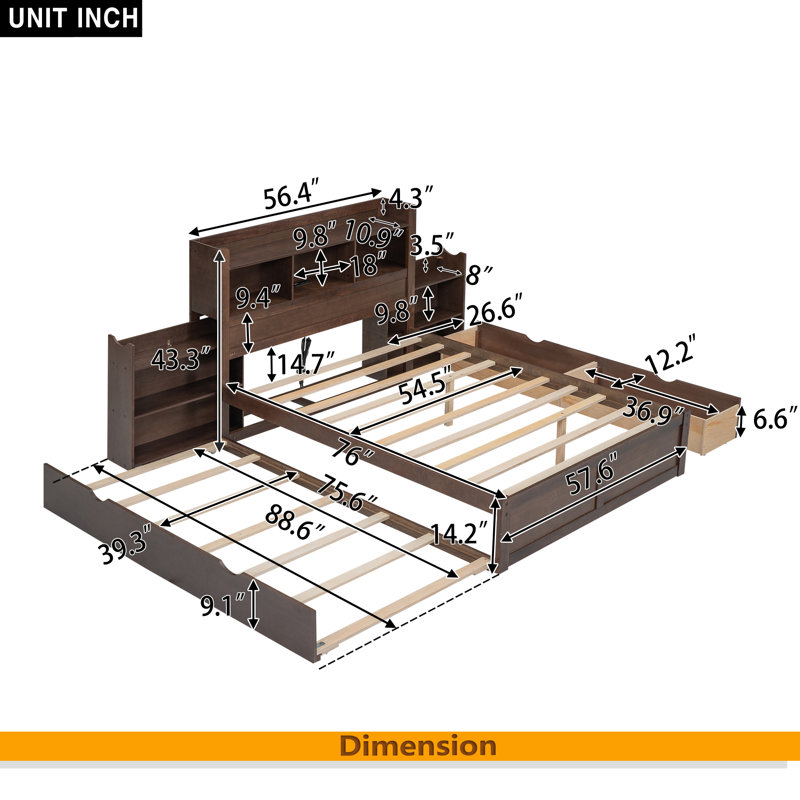 Lit plateforme double avec tablettes coulissantes, Espresso