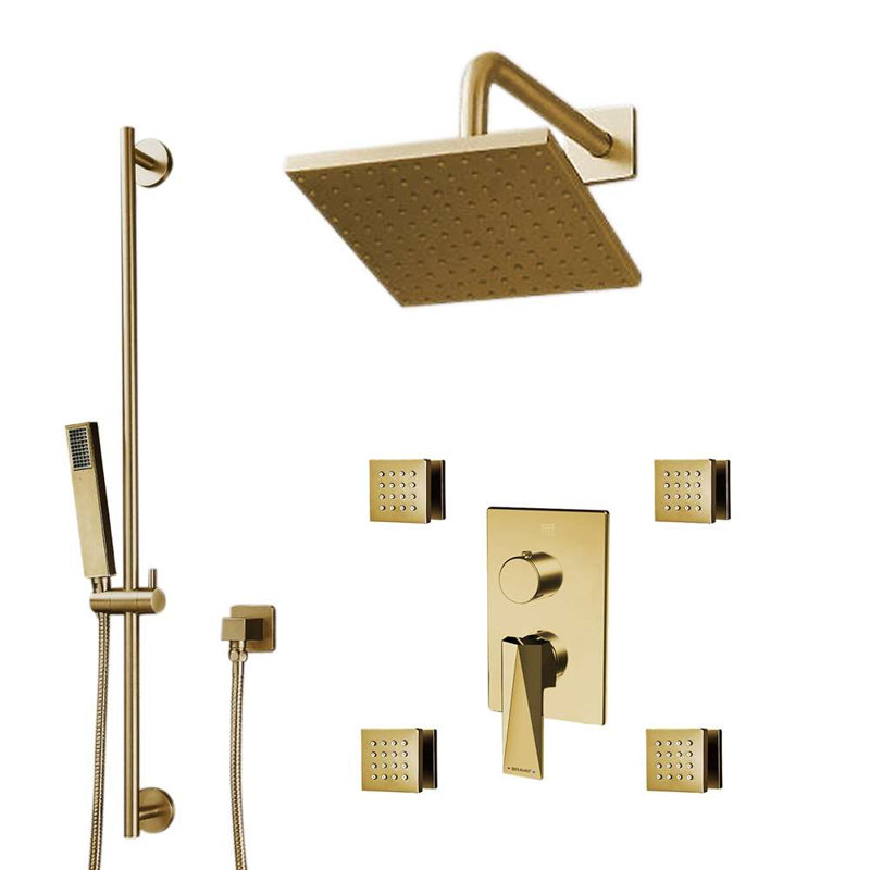 Bravat Square Shower Set with Thermostatic Mixer, Brushed Gold