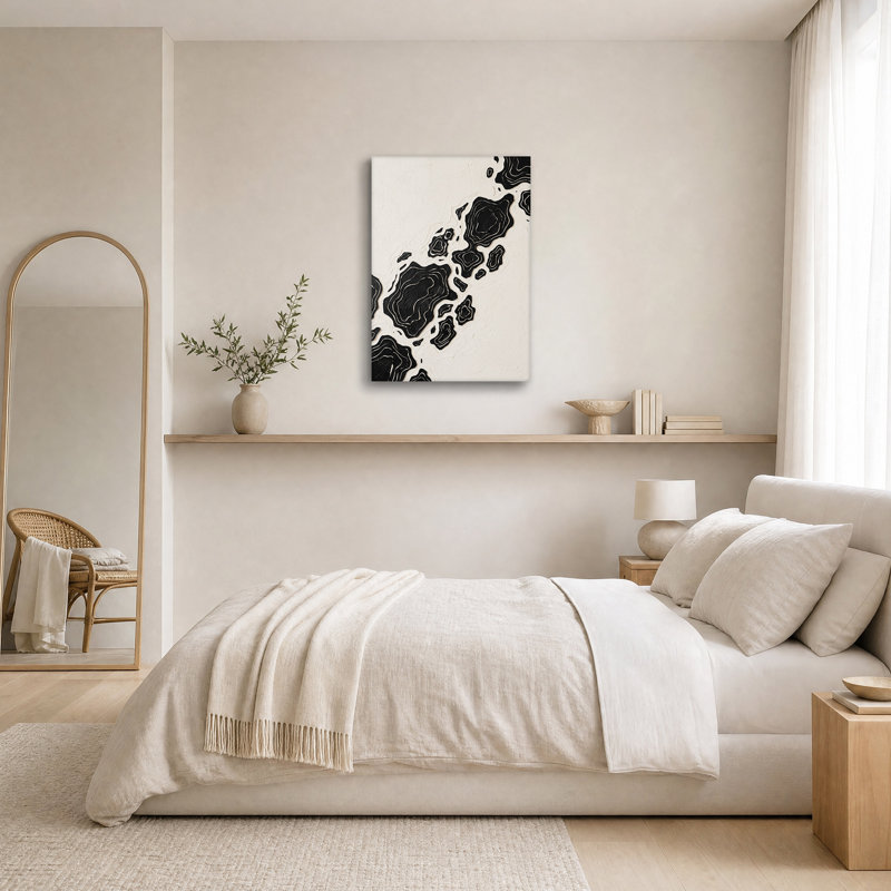 Tableau abstrait topographique sur toile noire et crème, 30"H x 20"W