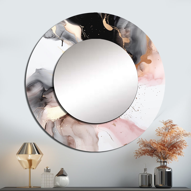 Rafhael rose noir texturé Splash Marble I - miroir décoratif en marbre, grand miroir mural rond rose, impression d'art en métal