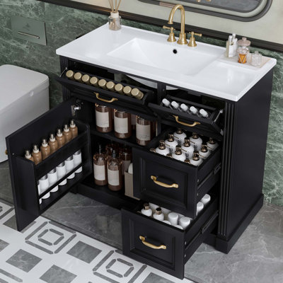 Meuble-lavabo 36 po avec lavabo, armoire avec 4 tiroirs, porte à fermeture en douceur et tablette réglable, lavabo en céramique