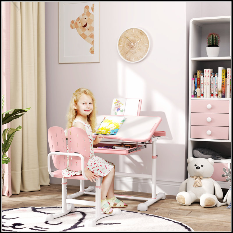 Ensemble de bureau et de chaise pour enfants Qaba, réglable en hauteur avec bureau inclinable, tiroir de rangement et support à livres pour l'écriture, la lecture et le dessin