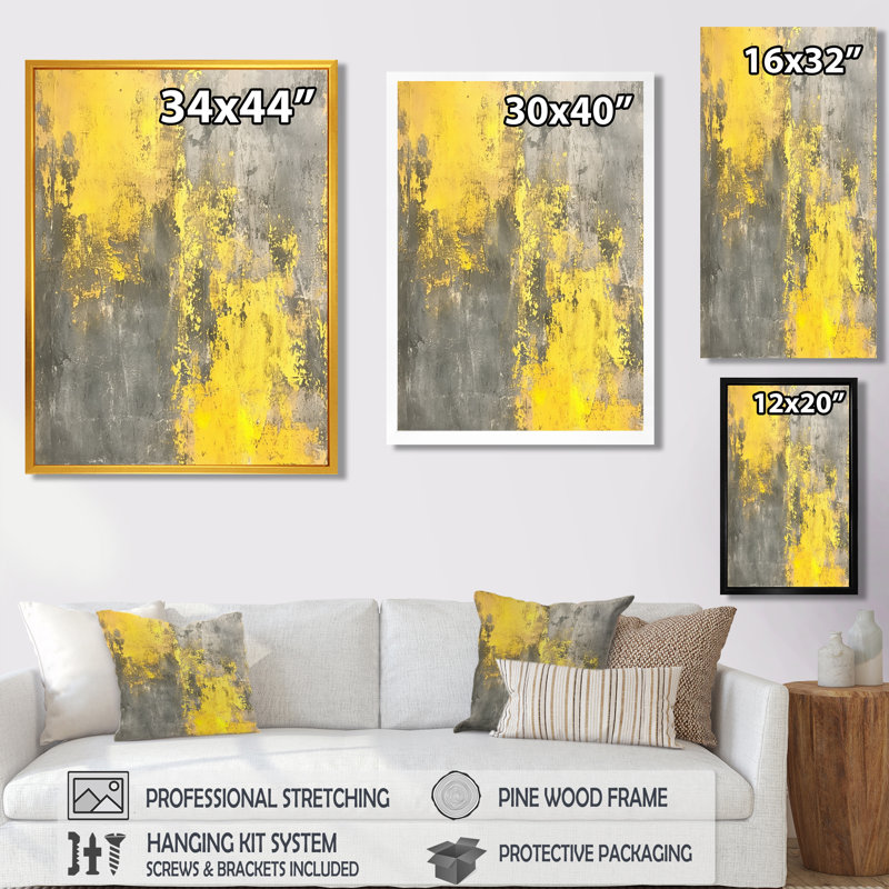 Vibrantechoes en jaune et gris - impression d'art abstrait mural, Cadre flottant noir, H 20 po x l 12 po x P 1 po
