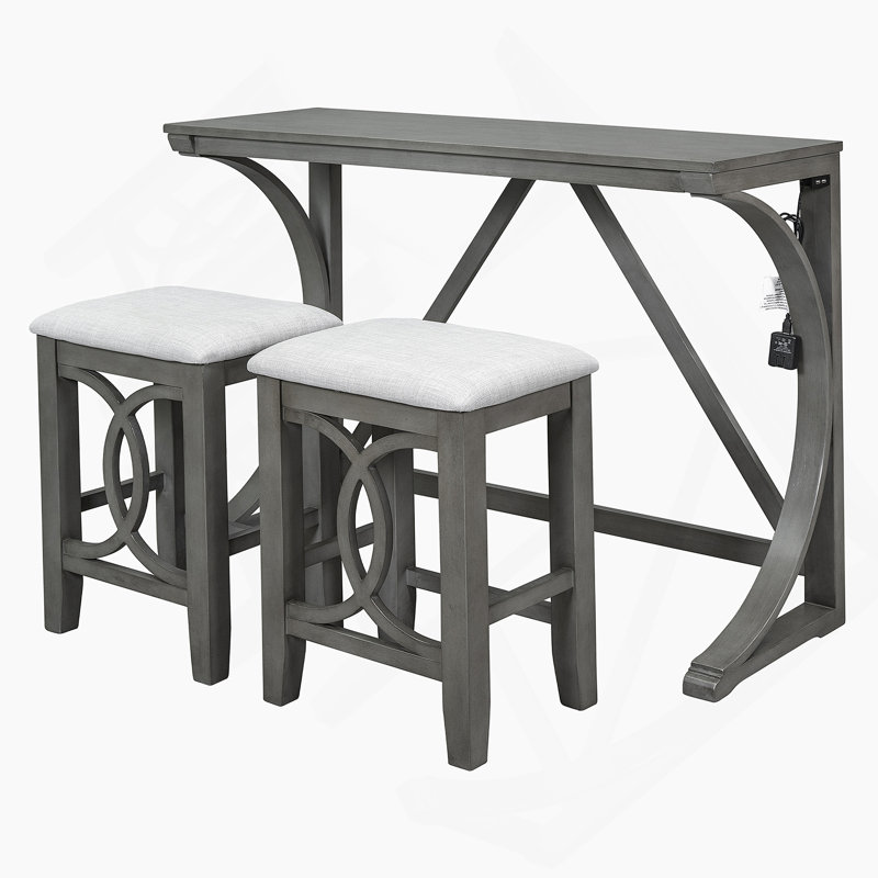 Ensemble de table de salle à manger 3 pièces à hauteur de comptoir avec port USB et tabourets rembourrés, Gris, Gris
