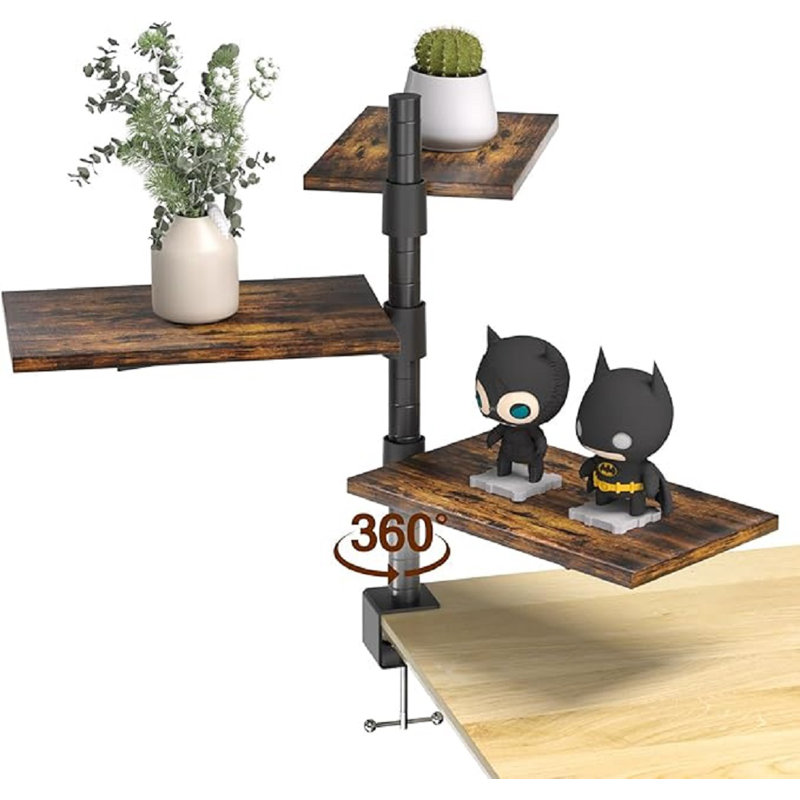 3 Tier Clamp On Desk Shelf - Over Or Under Table Clamp Shelf,360° Rotatable Desk Storage For Home Office, Gaming Devices,Storage Tray,And More, Rustic Vintage Brown Desktop Shelves