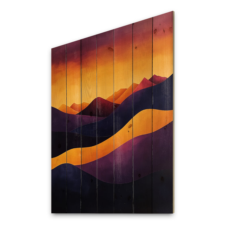 Lavande, pics au crépuscule IV - paysage de montagne, décoration murale en bois - sur bois de pin naturel