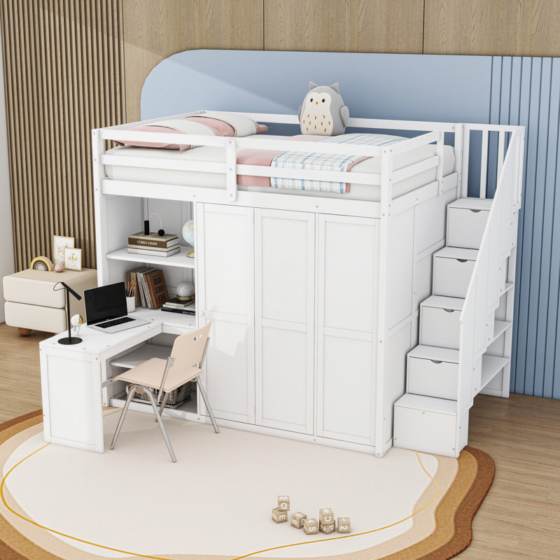 Lit mezzanine double en bois avec garde-robe, tablettes et bureau intégré, Blanc