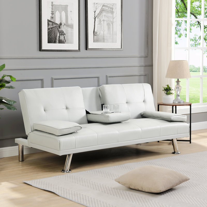 Sofa Bed With Armrest Two Holders,Loveseat,Sofa,Wood Frame, White Faux Leather
