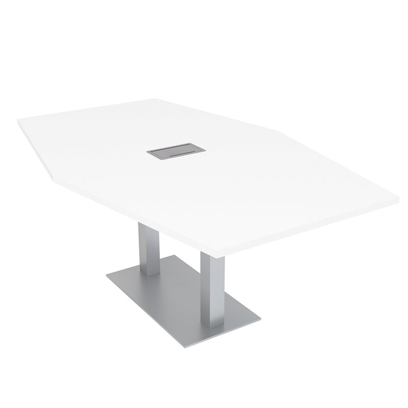Table de conférence hexagonale avec alimentation et données, Blanc, Argent argent, L 72 po x l 48 po