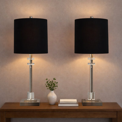 Royal Designs, Inc. 26.5" Square Crystal Accent Table Lamps Set of 2, Brushed Nickel Finish, Black Hardback Shades