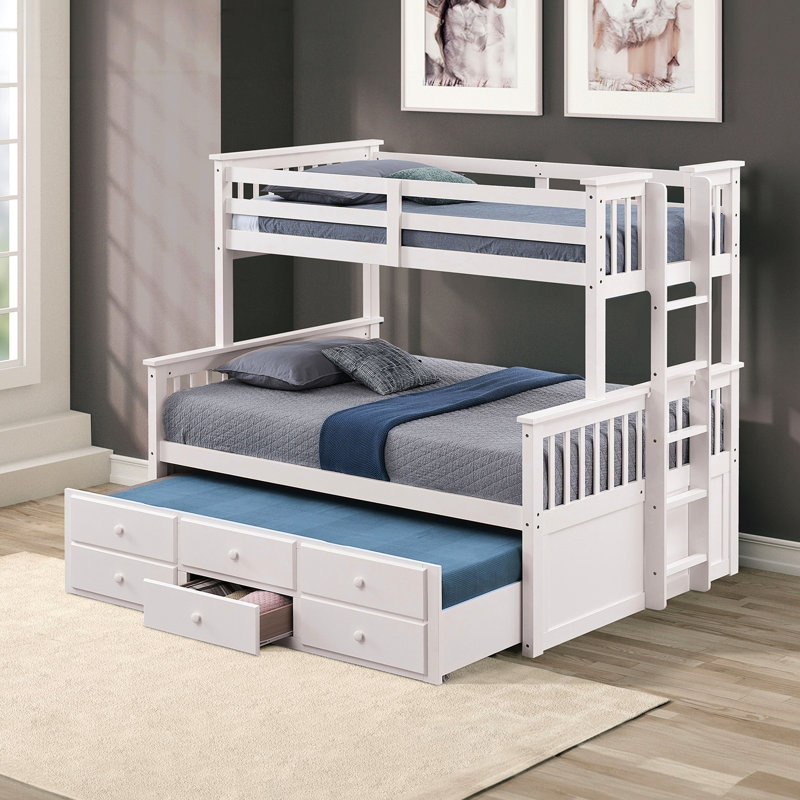 Lit superposé simple au-dessus d'un lit double blanc transitionnel, tiroirs de rangement latéraux et 3 sous le lit, conception en bois d'ingénierie massif, solution de joint, lit gigogne pour l'espace de la chambre à coucher, lit facile à assembler avec surface