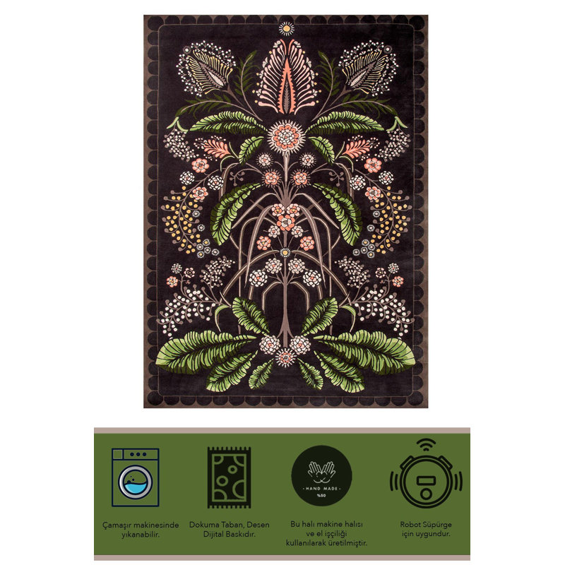 Tapis brun-vert floral à motif botanique, Rectangle 4 pi 7,12 po x 6 pi 6,74 po