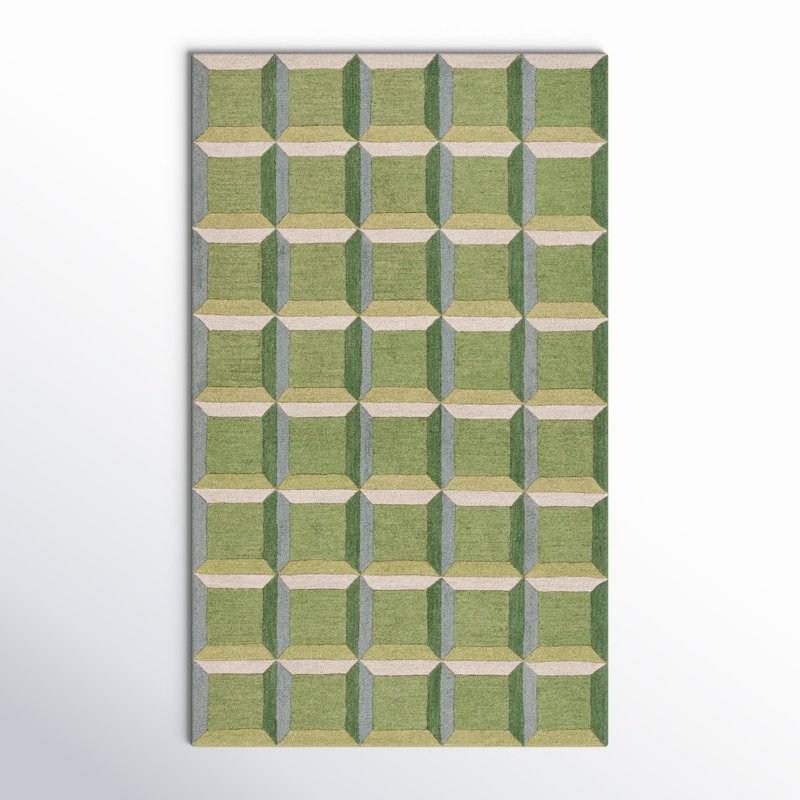 Giedre Geometric Hand Tufted Cotton/Wool Area Rug in Green/Beige, Rectangle 3' x 5'