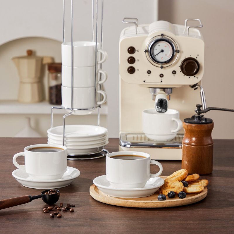 Ensemble de 6 tasses et soucoupes empilables en céramique blanche avec présentoir argenté | Ensemble de service complet pour 6 tasses à café au lait 9 oz