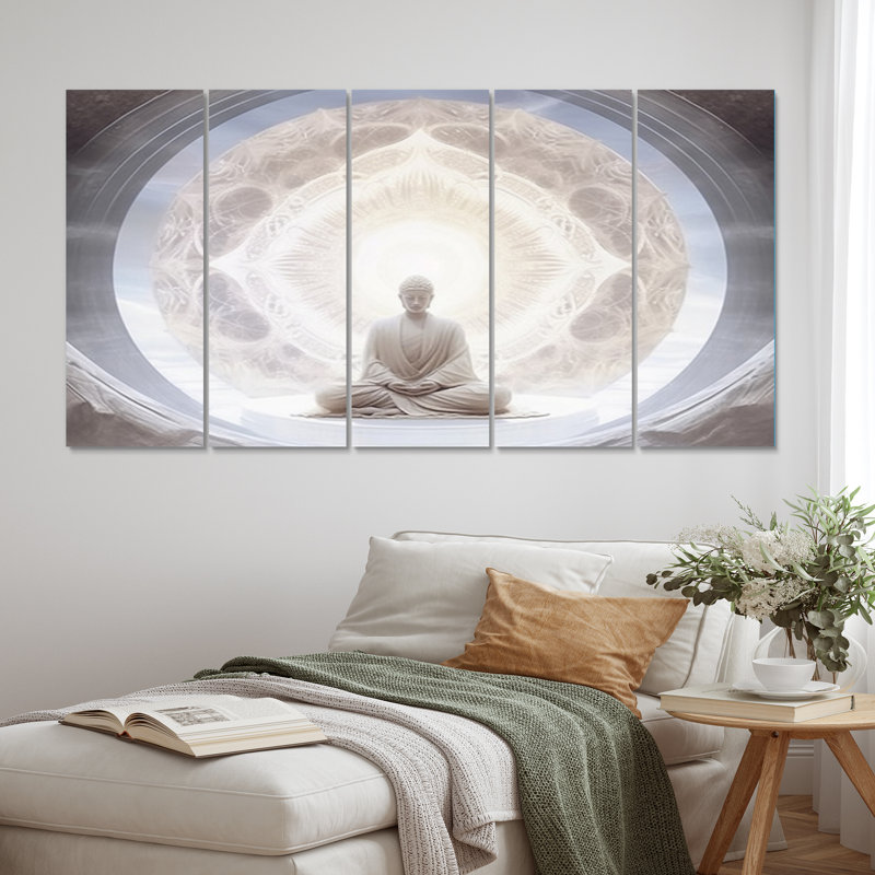 «White Buddha Meditation - Bouddhisme», reproduction sur toile - 5 panneaux égaux