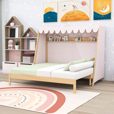 Lit simple TG en bois avec lit gigogne, bande lumineuse, tente et tablette