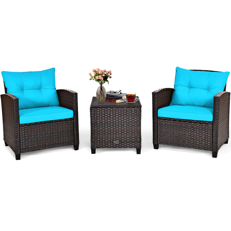 Ensemble de conversation en rotin de trois articles avec coussins, Turquoise
