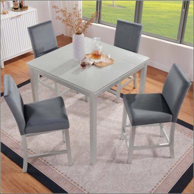 5 Piece Counter Height Table Set, Wooden Kitchen Table Set With Square Table And 4 Upholstered Chairs, Counter Height Dining Table With Crystal Decora