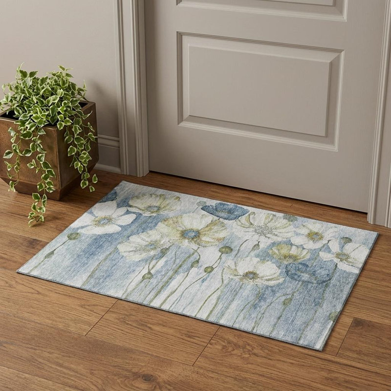3' X 5' Blue Ivory And Gold Floral Washable Area Rug With UV Protection